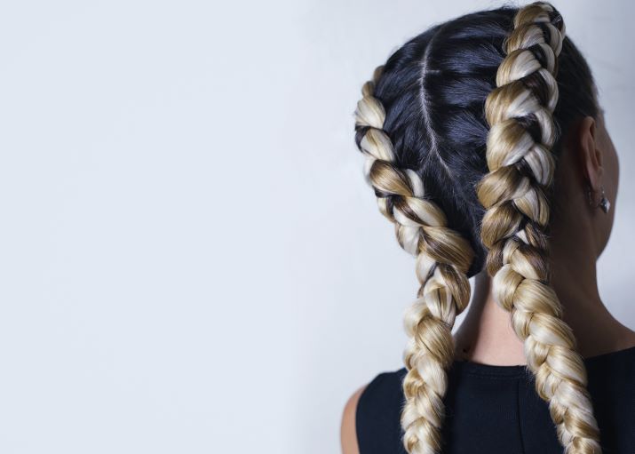 Two thick French braids displayed at the back of the head.